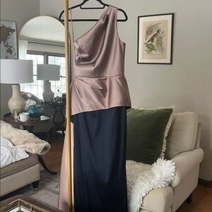 Teri Jon Asymmetrical One-Shoulder Navy and Rose Champagne Dress